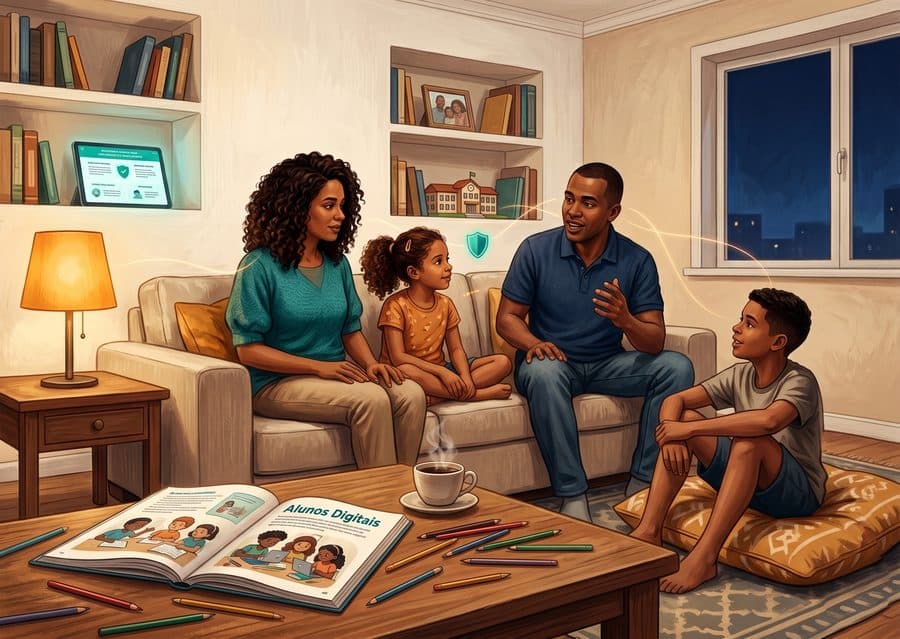 Família conversando em casa sobre uso consciente da tecnologia